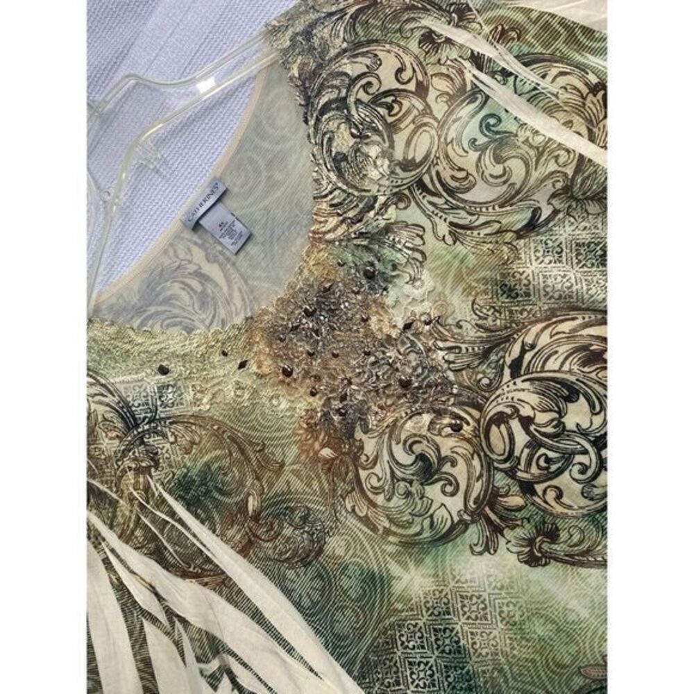 Catherines Women's 4X Tunic Green Paisley‎ asymmetrical Studded Lace V Neck